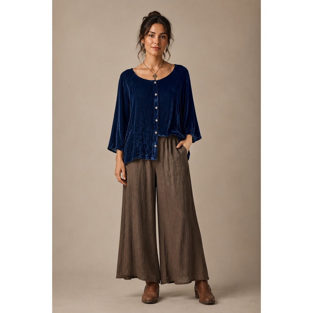 Cut Loose Button Front Top Womens XL Navy Blue Velvet Silk Blend 3/4 Sleeve